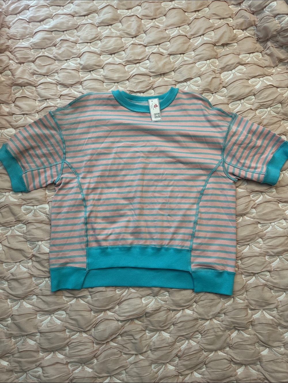 Short-Sleeve Striped Oversized Sweatshirt in Pink & Teal